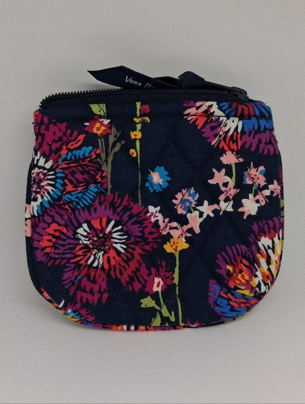 Vera Bradley Navy Floral Quilted Zip Coin Pouch with Ribbon Pull • small ♡